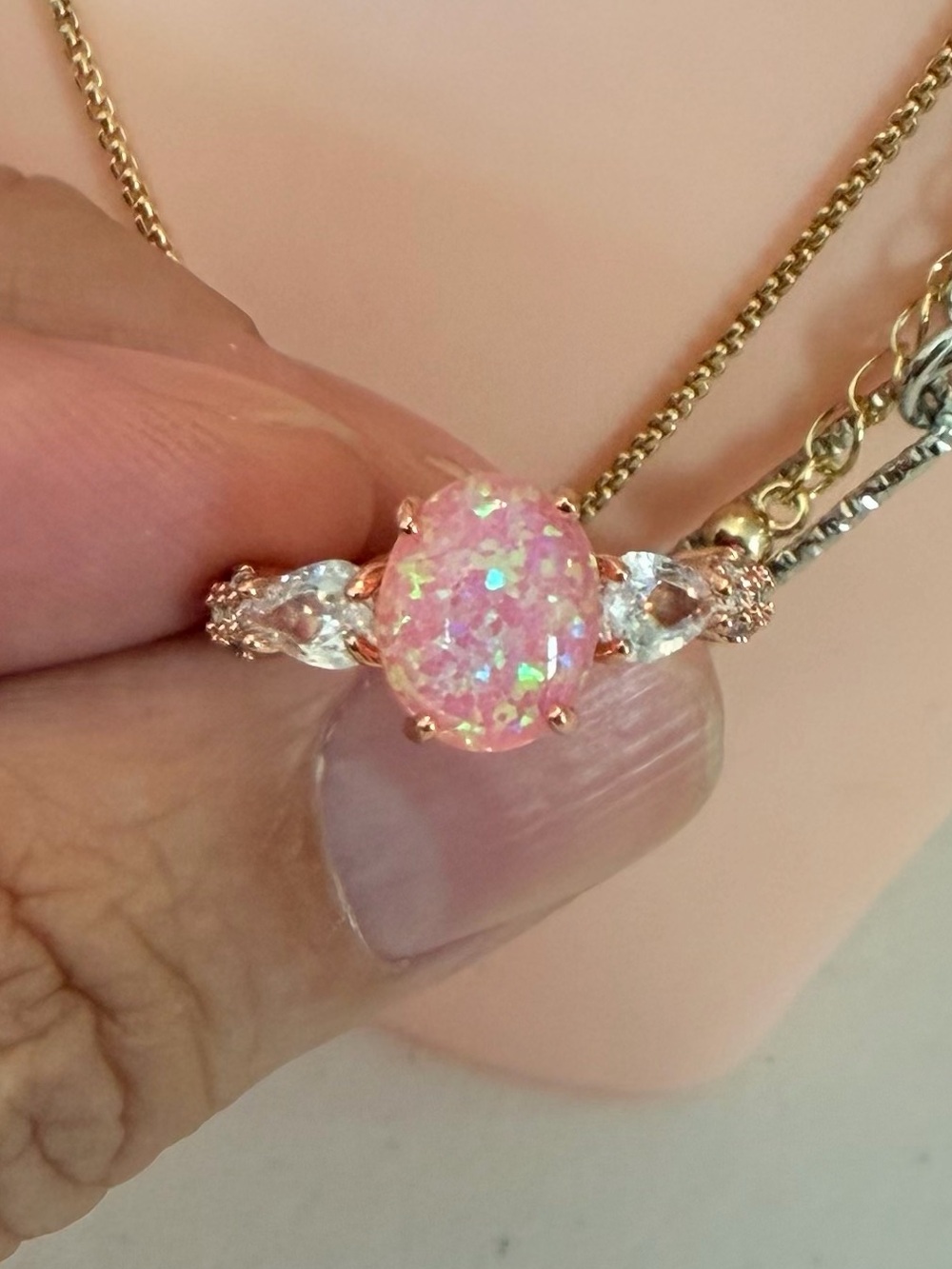 Pink Opal Oval Sparkling Stones Ring. - Picture 5 of 7
